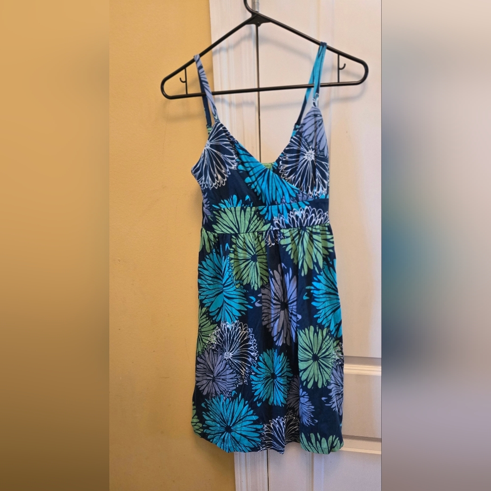 Old Navy Women's Blue and Green Floral Mini Summer Dress Adj Strap